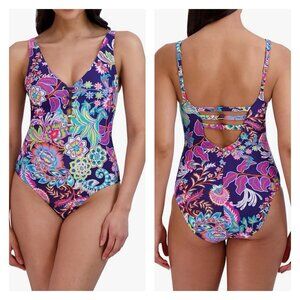 NEW $108 BCBGMAXAZRIA Womens Large One Piece Swimsuit Midnight Floral Lace Up